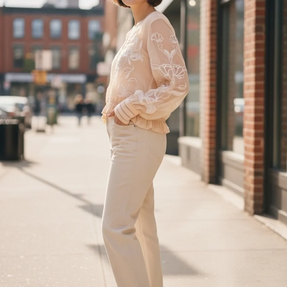 Anthropologie Cream Embroidered Boho blouse sheer floral Pintuck ruffle hem smal - Picture 3 of 5